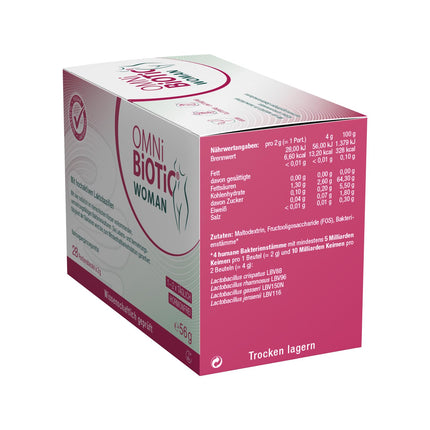 OMNi BiOTiC WOMAN, 28 porcijas, 4 baktēriju celmi, 10 miljardi baktēriju vienā dienas devā, pulveris, vegāns, bez glutēna, bez laktozes, ikdienas lietošanai, vienkārši dzerams