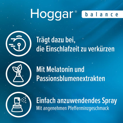 Hoggar MELATONIN balance - Miega aerosols - Uztura bagātinātājs ar melatonīnu, lai saīsinātu aizmigšanas laiku un cīnītos pret laika joslu nobīdi - ar B6 vitamīnu - 20 ml aerosols