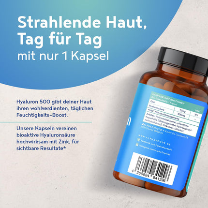 Hialuronskābe ar cinku | Augstas devas hialuronskābe | Vegāns - 90 kapsulas 3 mēnešiem | 500–700 kDa augsta biopieejamība ādai | Alfa pārtikas produkti