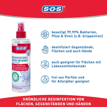 SOS dezinfekcijas aerosols INTENSE rokām + virsmām | iznīcina 99,99% baktēriju, sēnīšu, vīrusu* (piemēram, herpes, gripas un norovīrusus) | paplašināts darbības spektrs**| 9 x 250 ml