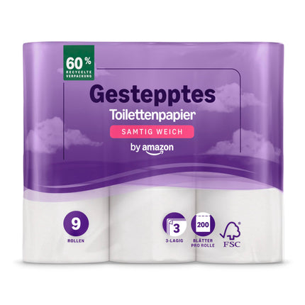 Amazon tualetes papīrs, 3 slāņu stepēts, samtaini mīksts, 36 ruļļi (9 ruļļi, 4 iepakojums), 200 loksnes rullī, FSC sertificēts