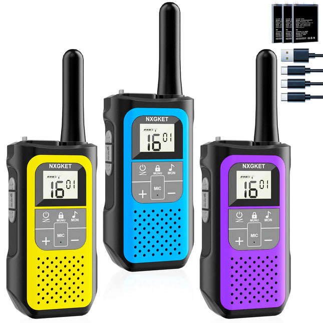 Rāciju komplekts (3 gab.), NXGKET rācija 5 km pieaugušajiem un bērniem, 16 kanālu radio komplekts, uzlādējams ar 1200mAh litija jonu akumulatoru, USB-C uzlādes kabelis, VOX kempingam, pārgājieniem, ceļošanai, slēpošanai, makšķerēšanai, medībām