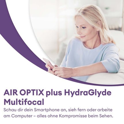 Air Optix plus HydraGlyde Multifocal mīkstās mēneša lēcas | 3 gabali | BC 8,6 mm | DIAMETRS 14,2 mm | PIEVIENOT ZEMU | +02,00 dioptrijas