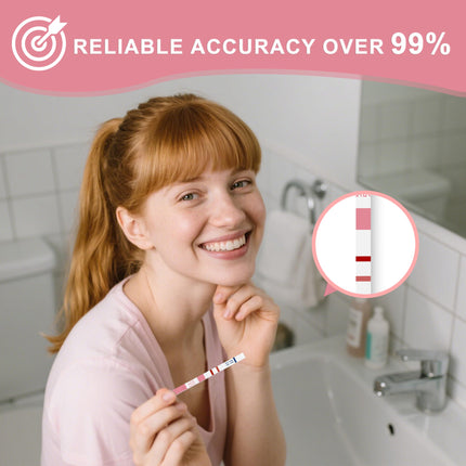 Grūtniecības testa strēmeles, hCG grūtniecības tests lietošanai mājās agrīnai noteikšanai, precīzs vairāk nekā 99%, 20 gabali atsevišķi iesaiņoti ar urīna pārbaudes krūzītēm, grūtniecības testi 5 mm plati, 10 mSV/ml