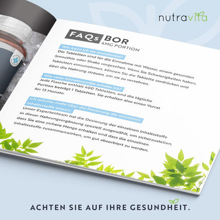 Bors — 4 mg tīra bora vienā tabletē — 400 tabletes — 13 mēnešu krājumi — Laboratorijā pārbaudīts — Bez nevēlamām piedevām — Augsta deva — Piemērots vegāniem — Ražotājs: Nutravita