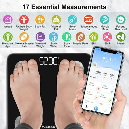 INSMART digitālie personālie svari, personīgie svari ar Bluetooth, ķermeņa tauku svari ĶMI, svaram, ķermeņa taukiem, sirdsdarbībai, muskuļu masai, ūdenim, olbaltumvielām, skeleta muskuļiem, kaulu svaram, BMR utt.