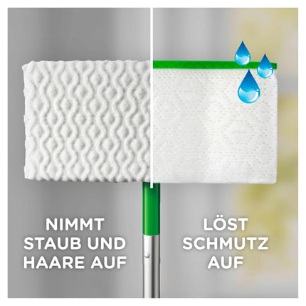 Swiffer grīdas mops ar 102 sausām grīdas lupatām savāc netīrumus un tos notur (+3 mitras grīdas lupatiņas kā parauga iepakojums)
