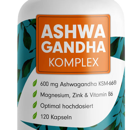 Ašvagandhas kapsulas 120x - 600 mg Ašvagandhas KSM-66® dienā - Ašvagandhas komplekss ar magniju, cinku un B6 vitamīnu - bez nevēlamām piedevām - laboratoriski pārbaudīts