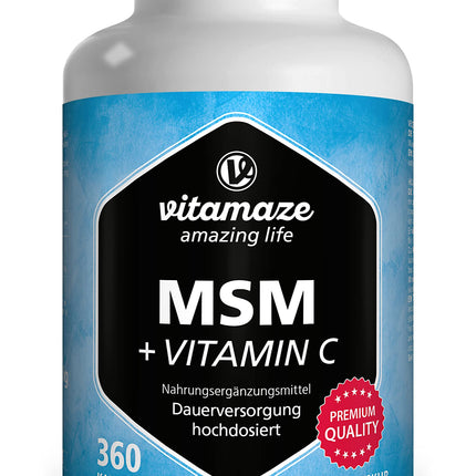 MSM kapsulas + C vitamīns, augsta deva, 360 kapsulas 6 mēnešiem, 1334 mg organiskā sēra pulvera dienā, 99,9% tīrs metilsulfonilmetāns, uztura bagātinātājs bez piedevām, ražots Vācijā