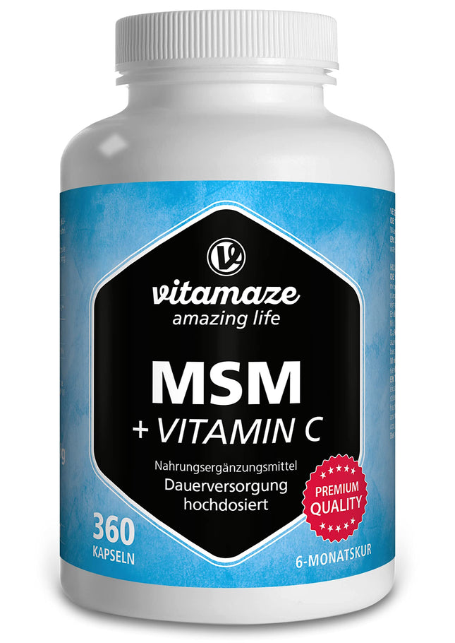 MSM kapsulas + C vitamīns, augsta deva, 360 kapsulas 6 mēnešiem, 1334 mg organiskā sēra pulvera dienā, 99,9% tīrs metilsulfonilmetāns, uztura bagātinātājs bez piedevām, ražots Vācijā