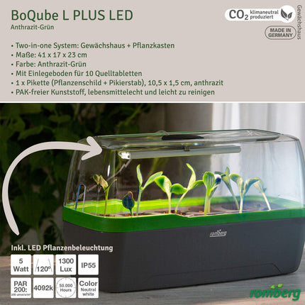 Romberg 16294397 BoQube siltumnīca un puķu pods L plus LED antracīta zaļa (Iekštelpu siltumnīcas)