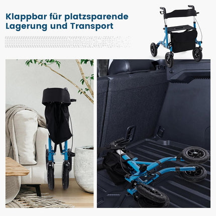 FANTASK 2-in-1 rollators ar pneimatiskajām riepām un sēdekli līdz 160 kg, salokāms un viegls alumīnijs ar somu un spieķa turētāju, staigāšanas palīglīdzeklis ar 6 virzienu augstuma regulēšanu, ratiņkrēsls un ceļojumu rollators (zils)