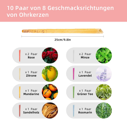 20 ausu sveces/ausu sveces no dabīgā bišu vaska, ausu tīrīšanas līdzeklis ausu sēra noņemšanai, dobas konusa sveces ar 10 aizsargdiskiem un vates kociņām, 8 dažādi aromātiski aromāti