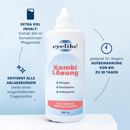 Eyelike Combination Solution – One-Step Care System – ideāli piemērots mīksto kontaktlēcu tīrīšanai, dezinfekcijai un uzglabāšanai – 360 ml