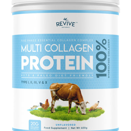 Revive Naturals multikolagēna proteīna pulveris - I, II, III, V un X tipi - hidrolizēta ar zāli barota liellopu gaļa, savvaļā noķertas zivis un brīvās turēšanas vistas gaļa, bez garšas, halāls - (400 g), pulveris