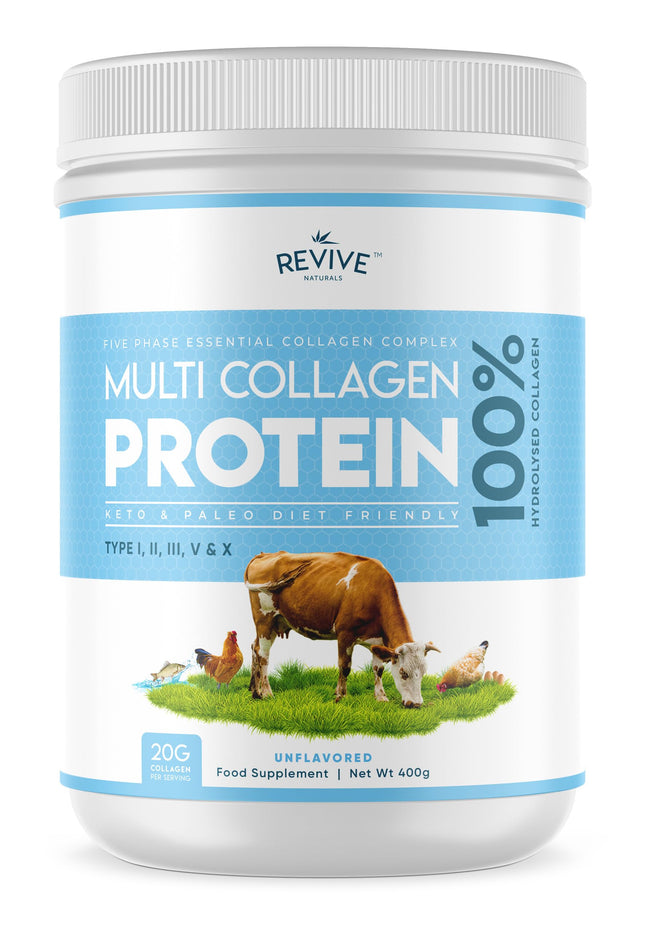 Revive Naturals multikolagēna proteīna pulveris - I, II, III, V un X tipi - hidrolizēta ar zāli barota liellopu gaļa, savvaļā noķertas zivis un brīvās turēšanas vistas gaļa, bez garšas, halāls - (400 g), pulveris