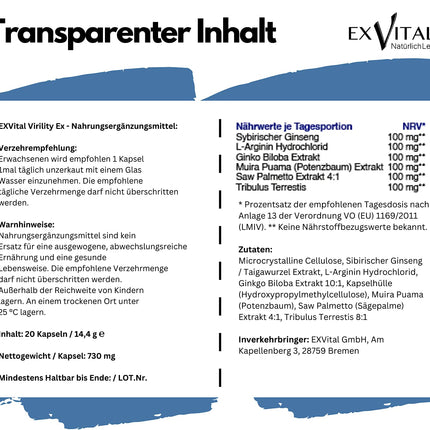 Virility EX - 600 mg aktīvā formula lietošanai pieaugušiem vīriešiem, 20 vegānas kapsulas – augsta deva un augstākā kvalitāte