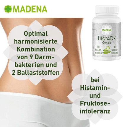 MADENA HistaEx Synbio – pienskābes baktērijas un bifidobaktērijas histamīna nepanesības un fruktozes nepanesības ārstēšanai – 60 kapsulas + 2 šķīstošās šķiedrvielas, dienas deva 20 miljardi baktēriju