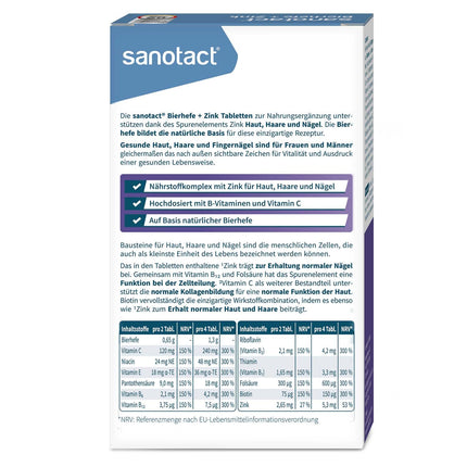 sanotact alus raugs + cinks (60 tabletes) • Ādai, matiem un nagiem • Vitamīnu komplekss ar alus raugu, cinku, biotīnu, B12, B6 un C vitamīnu • Ādas un matu vitamīni • 100% vegānisks