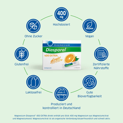 Magnijs-Diasporal 400 EXTRA tieši | Magnija nūjiņas ar augļu magnija pulveri | EXTRA KLASES tiešās granulas ar 400 mg magnija vienā paciņā, 50 magnija tiešās granulas