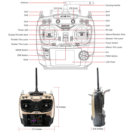 Radiolink AT9S Pro RC tālvadības pults ar uztvērēju, 10/12 kanāli ar uztvērēju - R9DS 2,4 GHz tālvadības pults raidītājs RC droniem, lidmašīnām, planieriem, automašīnām, laivām (2. režīms, kreisā roka)
