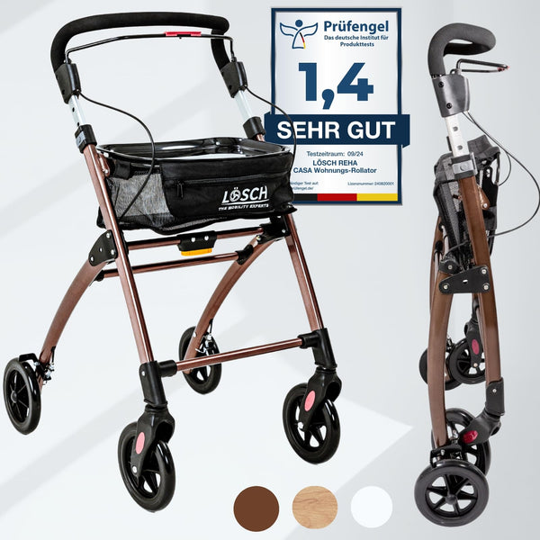 Casa Soft Braun šaurais rullītis lietošanai mājās un iekštelpās, salokāms un viegls, 5 kg | iekštelpu rullators ar regulējamu augstumu no Lösch Reha | Uzticams palīglīdzeklis senioriem staigāšanai