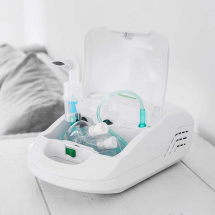 Medisana IN 550 inhalators, inhalācijas ierīce ar iemutni un masku pieaugušajiem un bērniem, inhalators-smidzinātājs saaukstēšanās vai astmas ārstēšanai ar papildu piederumiem, integrēts piederumu nodalījums