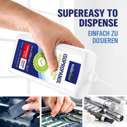 Izopropanola 99,9% tīrīšanas spirts un attaukošanas līdzeklis - 1000 ml mājsaimniecībai, darbnīcām, elektronikai, stiklam, plastmasai un metālam