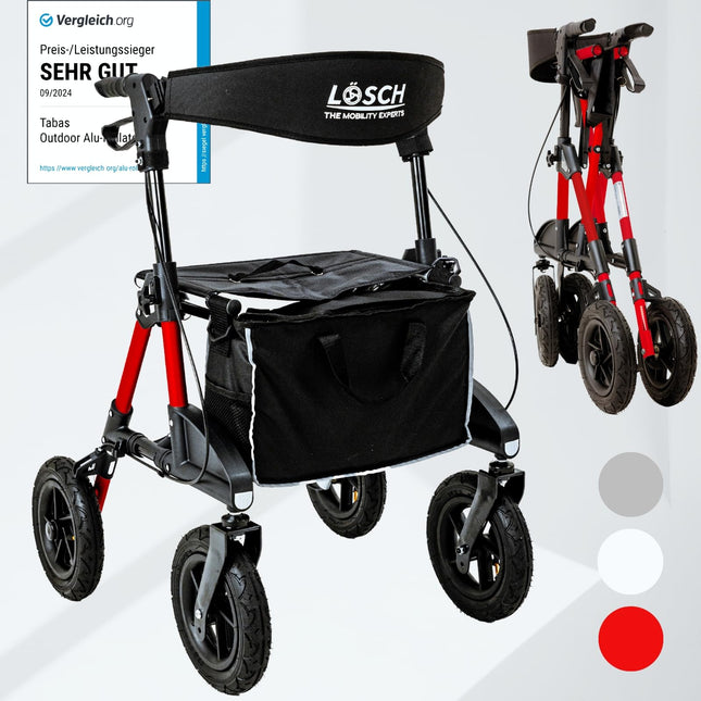 TABAS salokāms un viegls rollators ar sēdekli | Cenas/veiktspējas uzvarētājs | Āra rollators ar pneimatiskajām riepām, sēdekļa un muguras siksnu, somas un spieķa turētāju | Rollators senioriem | Lösch Reha palīglīdzekļi staigāšanai