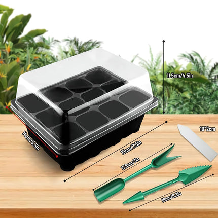 FainFun iekštelpu siltumnīcas pavairotājs, 3 daļu mazs pavairošanas paplātes komplekts ar vāku, mini atkārtoti lietojama plastmasas pavairošanas paplāte, siltumnīcas komplekts ar 2 maziem dārza instrumentiem + 10 augu etiķetēm