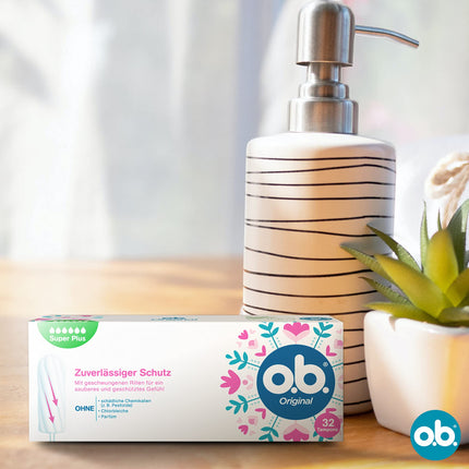 Vai tie būtu oriģinālie Super Plus tamponi (32 gab.), tamponi ļoti spēcīgām dienām, StayDry tehnoloģija un izliektas rievas, uzticama aizsardzība un tīrības sajūta menstruāciju laikā
