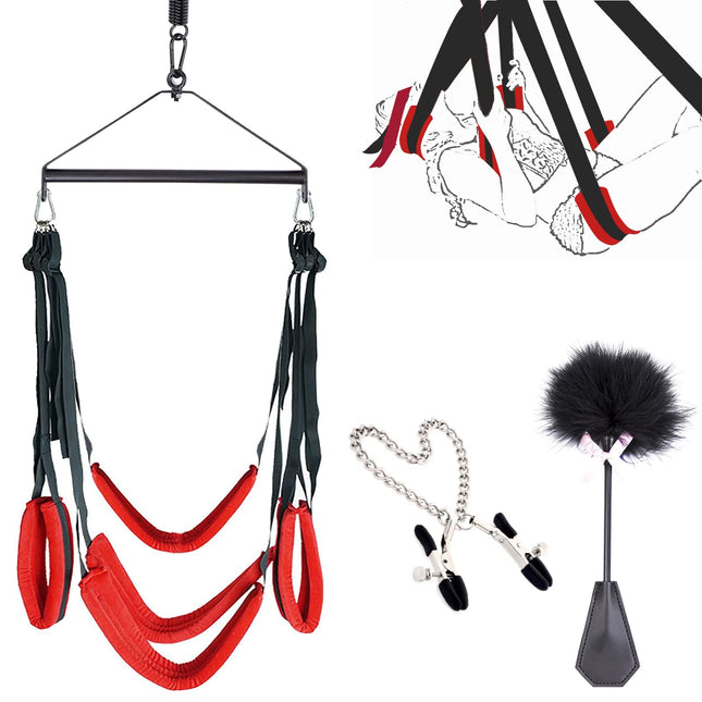 BDSMYEE Deluxe Love Swing komplekts griestiem, seksa šūpoļu mēbeles ar spalvu kutinātāju un krūtsgala klipša ķēdi, Love Swing seksa šūpoles ar 5 galvas spilveniem, jostasvietas spilvenu, gurnu spilvenu, kāju spilvenu, celtspēja 200 kg