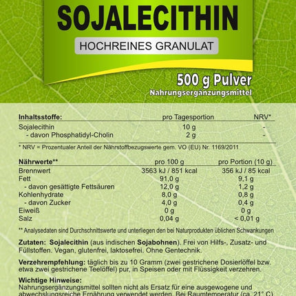 Sojas lecitīns, augstas tīrības pakāpes granulas bez piedevām, 500 grami, augstākās kvalitātes, iepildīts pudelēs Vācijā, Bonemis®