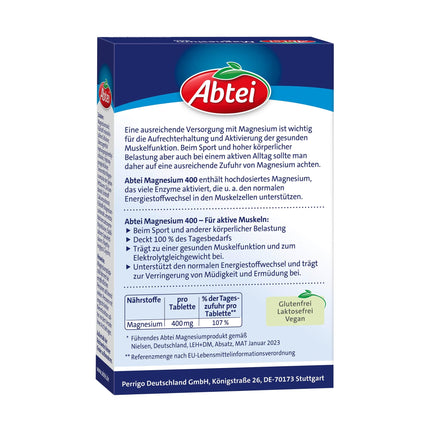 Abtei Magnesium 400 - augstas devas magnijs - aktīviem muskuļiem - bez glutēna, bez laktozes un vegānisks - 30 tabletes