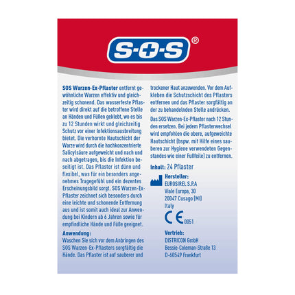 SOS Wart-Ex plāksteri - kārpu plāksteri parasto kārpu noņemšanai uz rokām un kājām - ūdensizturīgi - bērniem no 6 gadu vecuma - 24 plāksteri
