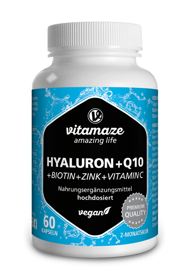 Augstas devas hialuronskābe 200 mg + koenzīms Q10 100 mg uz vegānu kapsulu, 2 mēnešu kurss, augsta biopieejamība, zema molekulmasa: 500–700 kDa, uztura bagātinātājs bez liekām piedevām