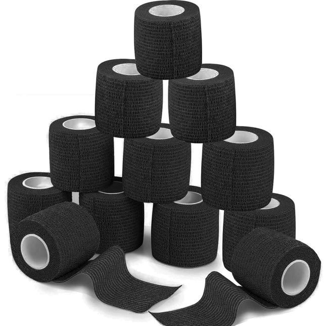Pašlīmējošais pārsējs 12 ruļļi, 5 cm x 4,5 m ģipša ruļļa pārsēja materiāls, elastīgs pārsējs, pārsēja fiksācijas pārsējs, līmējošs pārsējs, pašlīmējošs sportam, plaukstas locītavas veterinārārsta aptinums, kaķis, suns, zirgs (melns)
