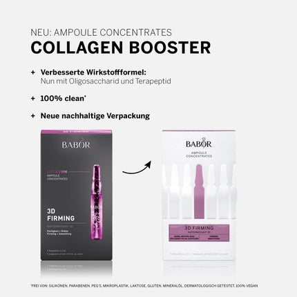 BABOR 3D nostiprinoša, pretnovecošanās seruma ampulas sejai, ar hialuronskābi lielākam tvirtumam, vegāniska formula, ampulu koncentrāti, 7 x 2 ml atsvaidzinoša