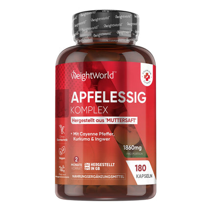 Ābolu sidra etiķa kapsulas - 1860 mg ābolu sidra etiķa komplekss no mātes sulas un Lactobacillus Gasseri, kurkumas, ingvera un kajēnas pipariem - 180 kapsulas 2 mēnešiem - ābolu sidra etiķis - WeightWorld