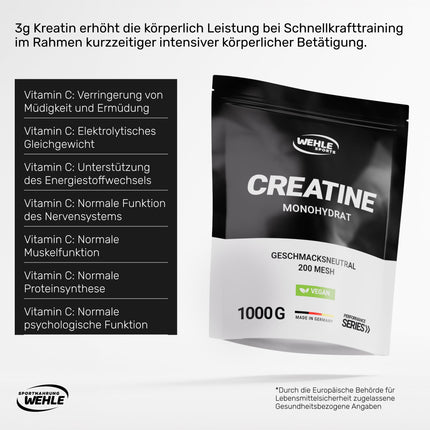 Kreatīna monohidrāts 1kg pulveris Tīrs mikronizēts kreatīns Kvalitatīva sieta 200 - optimāli augsta deva 100% vegāns - Wehle Sports (1000g)