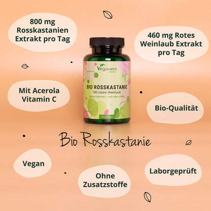 Zirgkastaņas ekstrakts Vegavero® | 100% bioloģisks | 800 mg ekstrakta ar vīnogu lapām un acerolas C vitamīnu | Cenas un veiktspējas attiecības uzvarētājs 2024* | Aescīns un polifenoli | 120 vēnu kapsulas | Vegāns un bez piedevām
