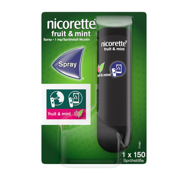 NICORETTE aerosols ar augļu un piparmētru garšu – smēķēšanas atmešanai ar nikotīna aerosolu – 1 izsmidzināšanas reize aizstāj līdz pat 150 cigaretēm – smēķēšanas atmešanai – 1 gab.