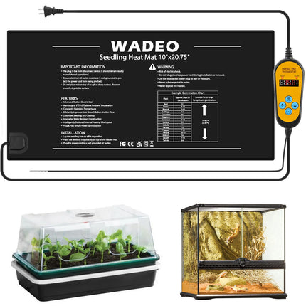 WADEO augu sildīšanas paklājiņš 52 x 25 cm, stādu sildīšanas paklājiņš ar termostatu no 5°C līdz 45°C, siltumnīcas sildīšanas paklājiņš ūdensnecaurlaidīgs, siltāks paklājiņš stādu diedzēšanai