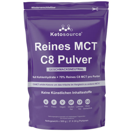 Tīrs C8 MCT pulveris | 4 reizes lielāks ketonu līmeņa paaugstinājums salīdzinājumā ar citiem MCT | Nulle ogļhidrātu | Atbalsta keto diētu un gavēni | Vegāns, drošs un bez glutēna | Bezgaršīgs | 500 g maisiņš | Ketosource