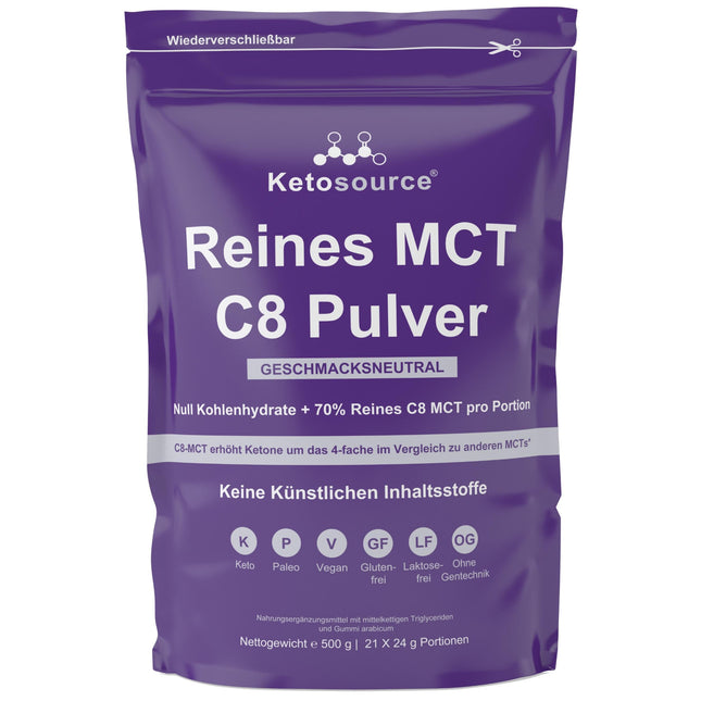 Tīrs C8 MCT pulveris | 4 reizes lielāks ketonu līmeņa paaugstinājums salīdzinājumā ar citiem MCT | Nulle ogļhidrātu | Atbalsta keto diētu un gavēni | Vegāns, drošs un bez glutēna | Bezgaršīgs | 500 g maisiņš | Ketosource