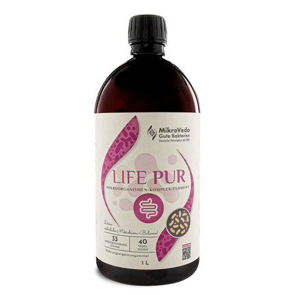 MikroVeda Life PUR 1l, bioloģiskais fermentu dzēriens, 33 baktēriju celmi, superaktivēts, ļoti pieejams šūnām, bioloģiski pieejams, vegāns, neapstrādāts, sertificēts ražotājs