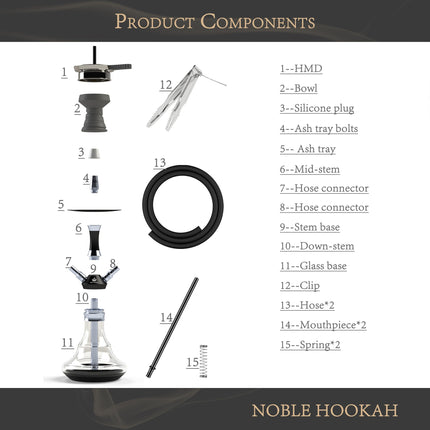 NOBLE HOOKAH ūdenspīpes komplekts Maza ūdenspīpe Mini ūdenspīpe ar augstas kvalitātes aksesuāriem - ar rokām pūsta pudele 2 šļūtenes