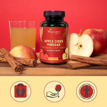Ābolu sidra etiķa kapsulas | 1500 mg | Etiķa komplekss + Kajēnas pipari + Ingvers | Cukura līmenis asinīs* un vielmaiņa | Ābolu sidra etiķis | Laboratorijā pārbaudīts un vegāns | Vegavero®
