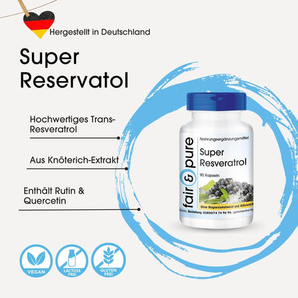 Fair &amp; Pure® - Super Resveratrol - 90 kapsulas - dabīgs resveratrols no diršļa ar bioflavonoīdiem - vegāns