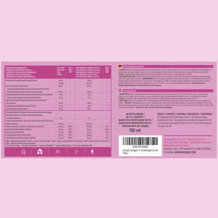Divique kolagēna dzeršanas ampulas ar hialuronskābi (30 gab.) - 4000 mg kolagēna + 100 mg hialuronskābes - ar C vitamīnu, biotīnu, cinku, varu, selēnu - saldinātas ar ziedu medu un stēviju - zemeņu garša